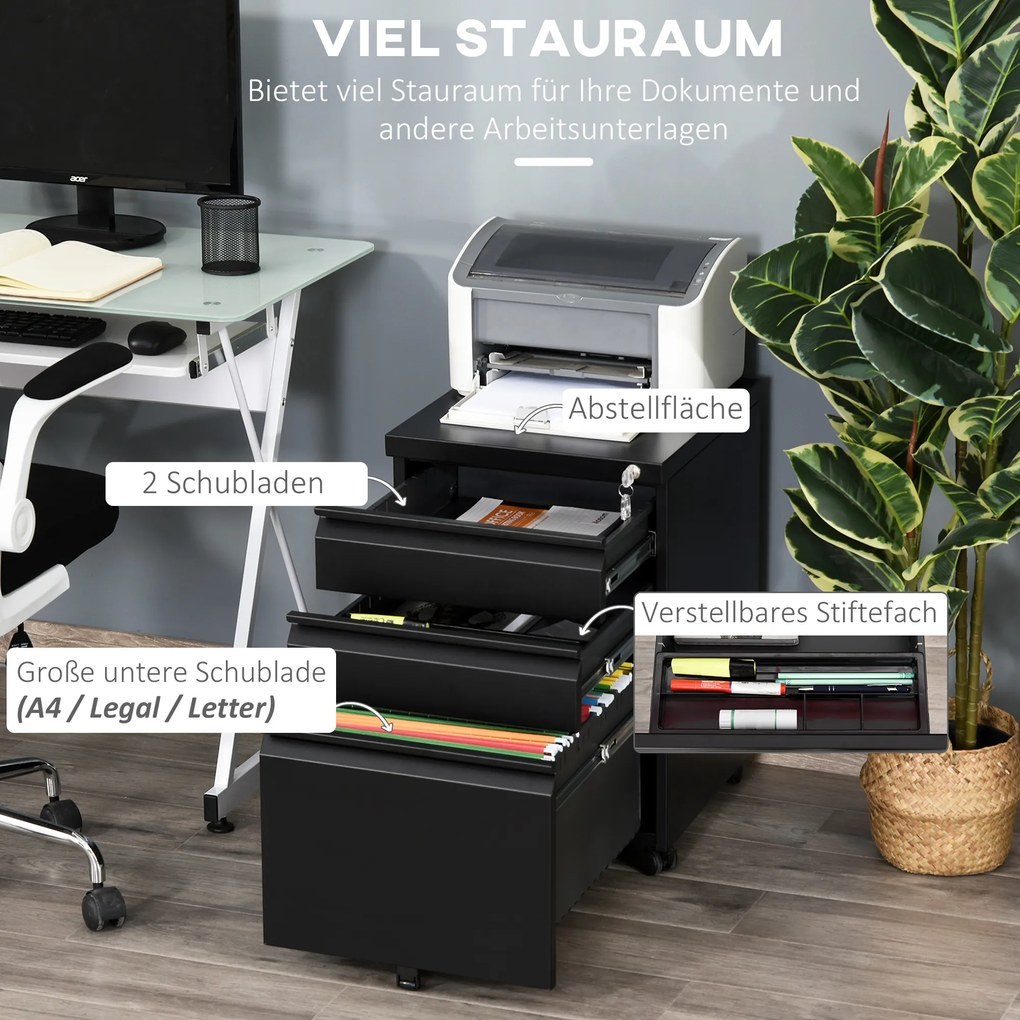 Vinsetto Συρταριέρα, 3 συρτάρια, 5 τροχοί, κρεμαστά αρχεία, κλειδώνει, ατσάλι, μαύρο 39 x 48 x 60 εκ.