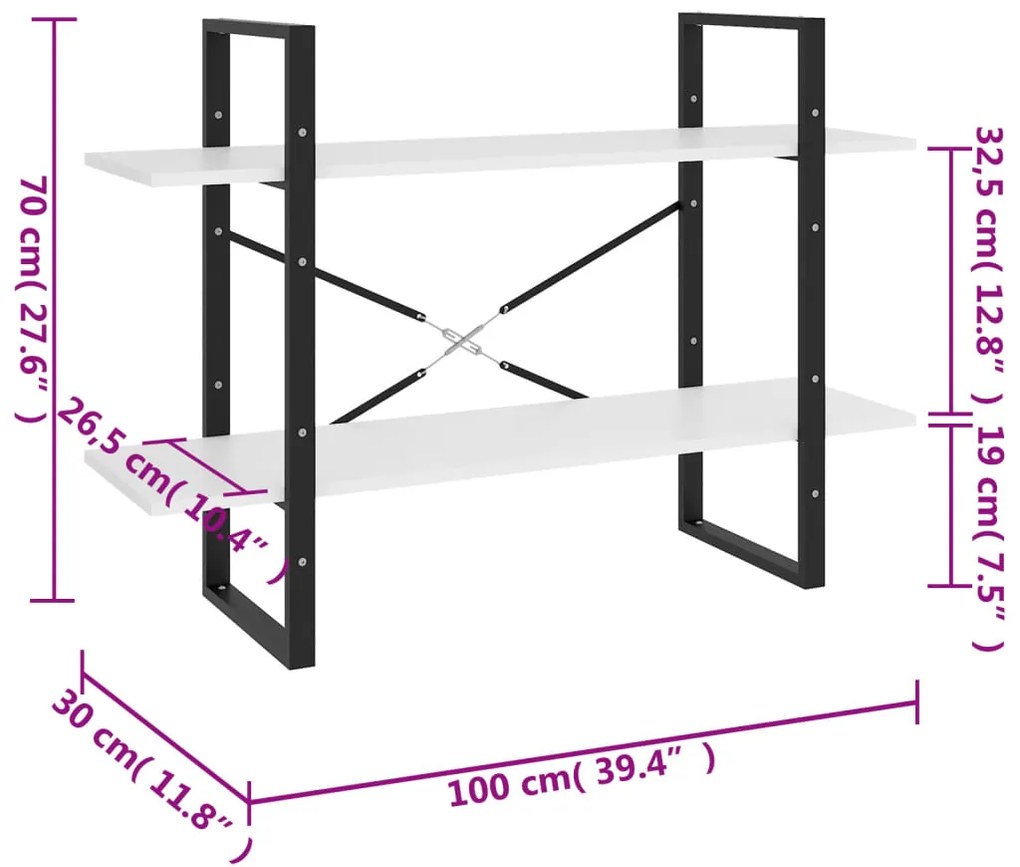 vidaXL Βιβλιοθήκη με 2 Ράφια Λευκή 100 x 30 x 70 εκ. από Επεξ. Ξύλο