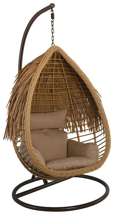 SALSA TROPIC Κρεμαστή Πολυθρόνα, Wicker Φυσικό, Μέταλλο Brown, Μαξιλάρι Μπεζ -  Φ105x197cm