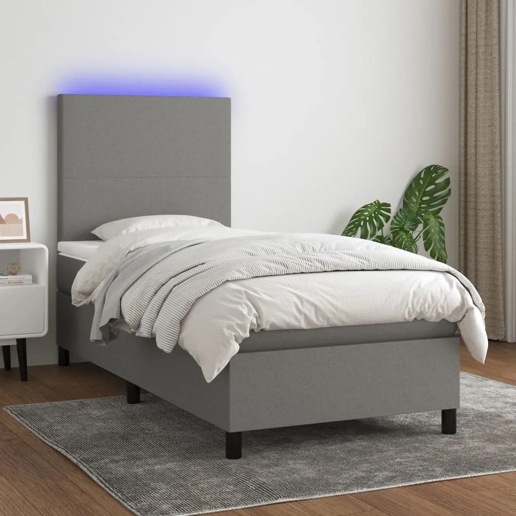 Κρεβάτι Boxspring με Στρώμα &amp; LED Σκ.Γκρι 90x200 εκ. Υφασμάτινο