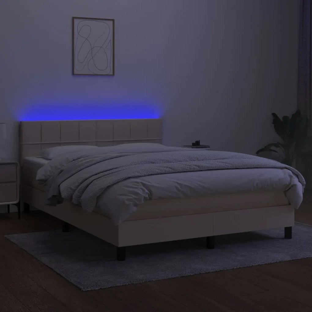 Κρεβάτι Boxspring με Στρώμα &amp; LED Κρεμ 140x200 εκ. Υφασμάτινο - Κρεμ