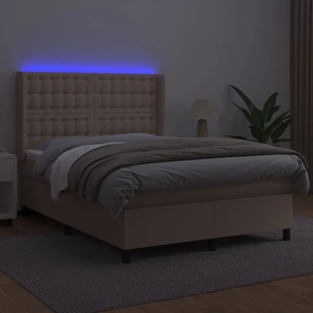 Κρεβάτι Boxspring Στρώμα&amp;LED Καπουτσίνο 140x200 εκ. Συνθ. Δέρμα - Καφέ