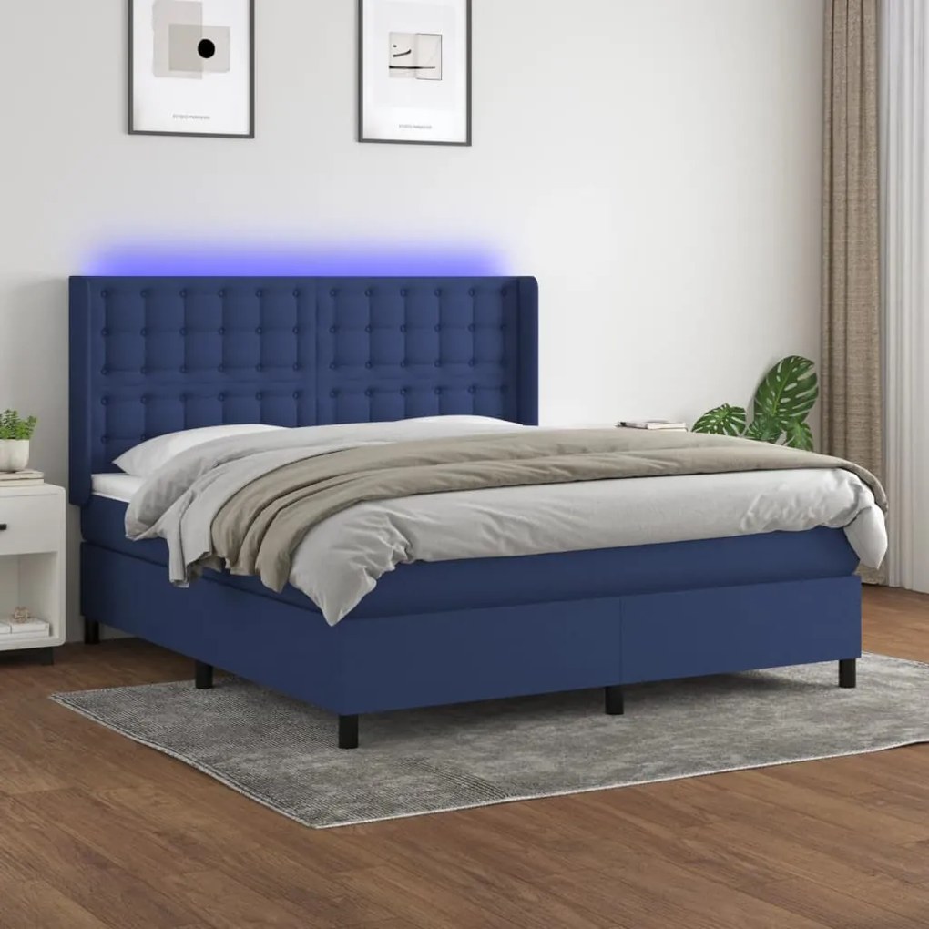 vidaXL Κρεβάτι Boxspring με Στρώμα & LED Μπλε 160x200 εκ. Υφασμάτινο