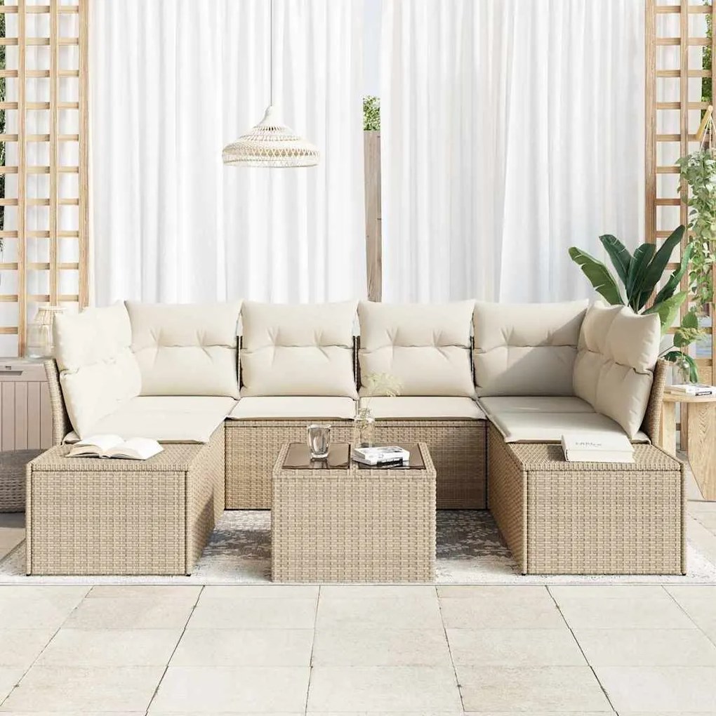 vidaXL Σετ Καναπέ Κήπου 7 pcs Μπεζ Πολυ ράταν