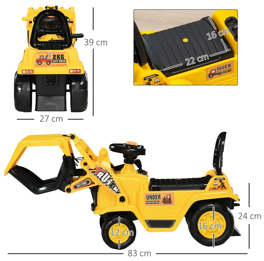 HOMCOM Εκσκαφέας οδήγησης, με δαγκάνα, κόρνα, ηχητικά εφέ, αποθηκευτικός χώρος, προστασία από ανατροπή, για παιδιά 2-4 ετών