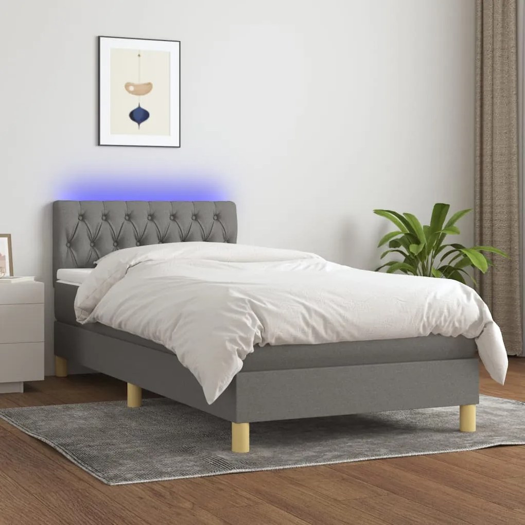 vidaXL Κρεβάτι Boxspring με Στρώμα &amp; LED Σκ.Γκρι 100x200 εκ Υφασμάτινο