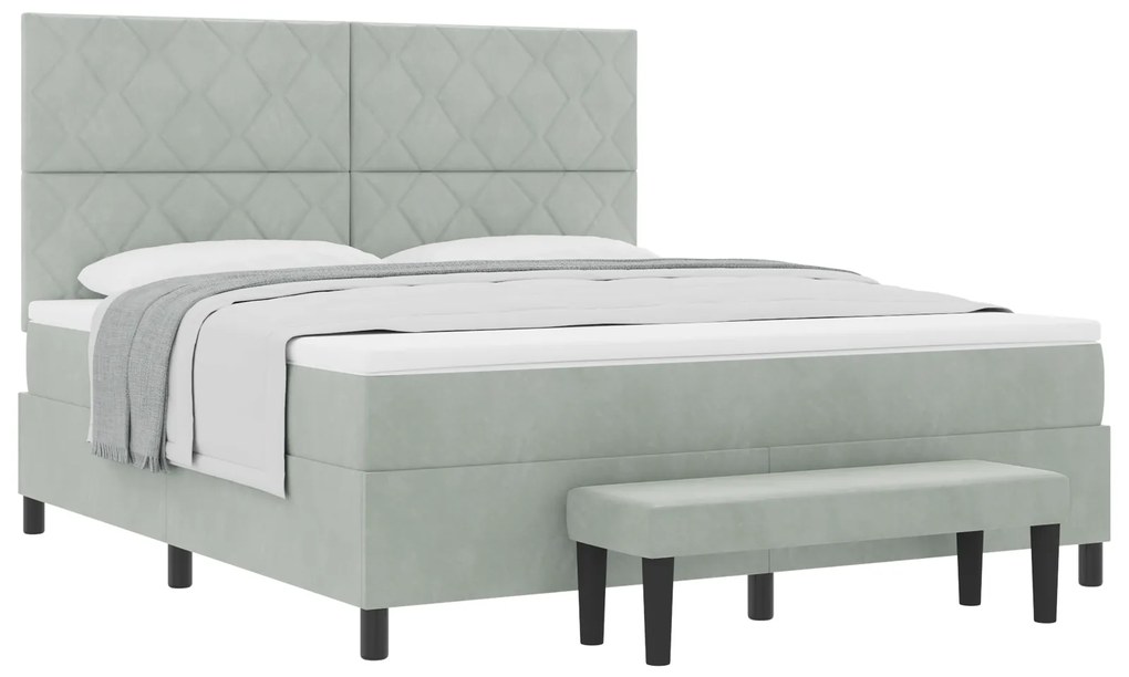 vidaXL Κρεβάτι Box Spring με Στρώμα & Πάγκο Ανοιχτό Γκρι 180x200 εκ. Βελούδινο