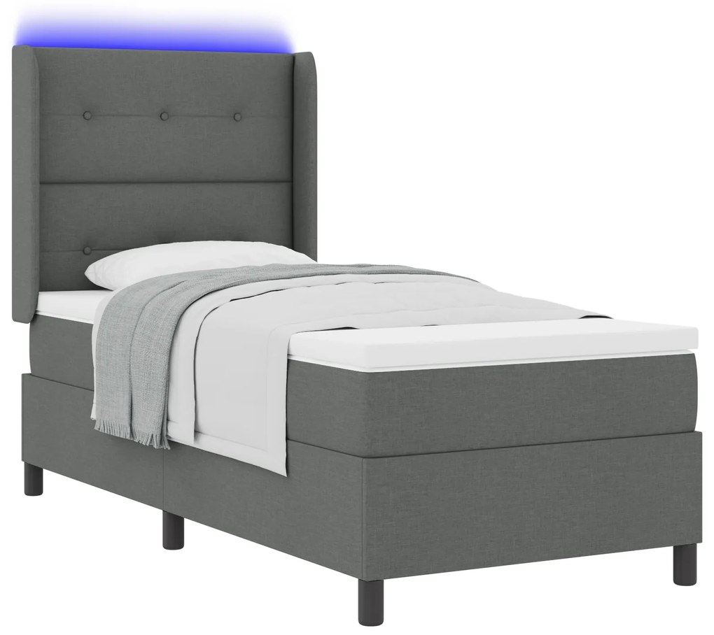 vidaXL κρεβάτι τύπου Box Spring με στρώμα & LED σε σκούρο γκρι 90x190 εκ. υφάσματος