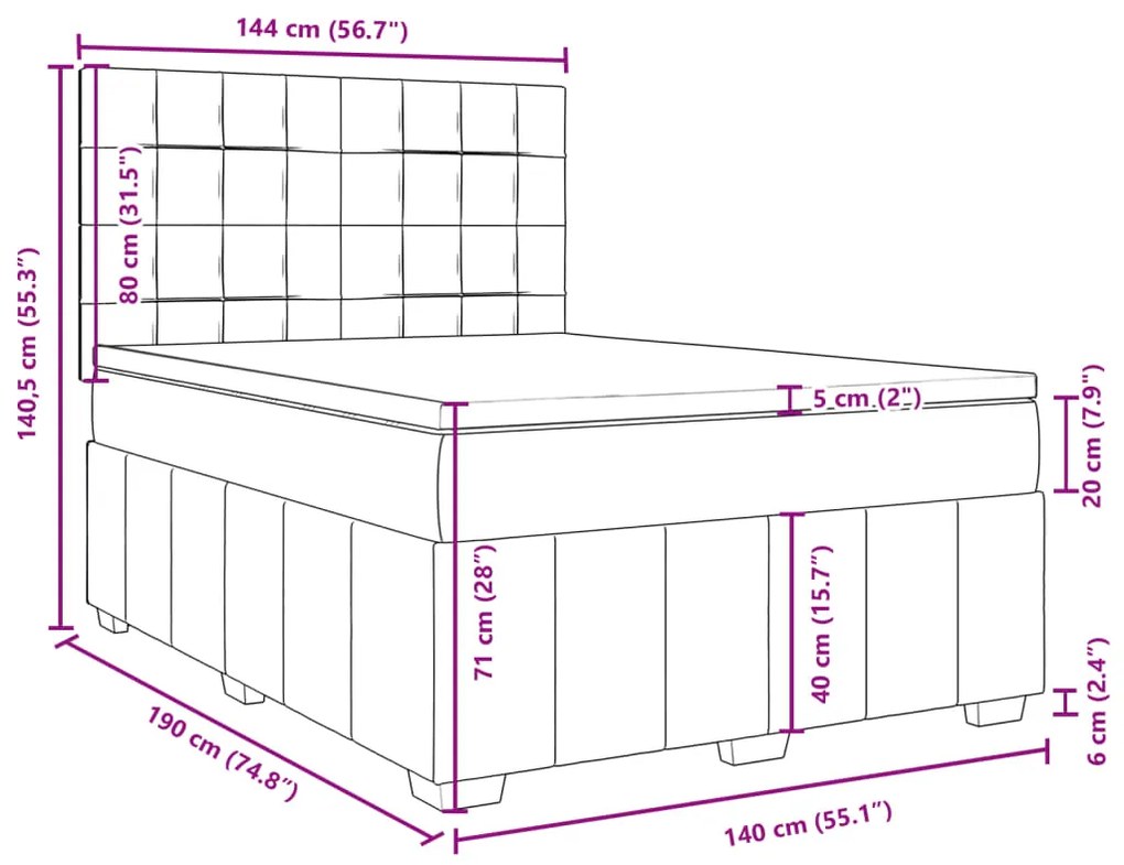 Κρεβάτι Boxspring με Στρώμα Σκούρο Γκρι 140x190 εκ. Υφασμάτινο - Γκρι