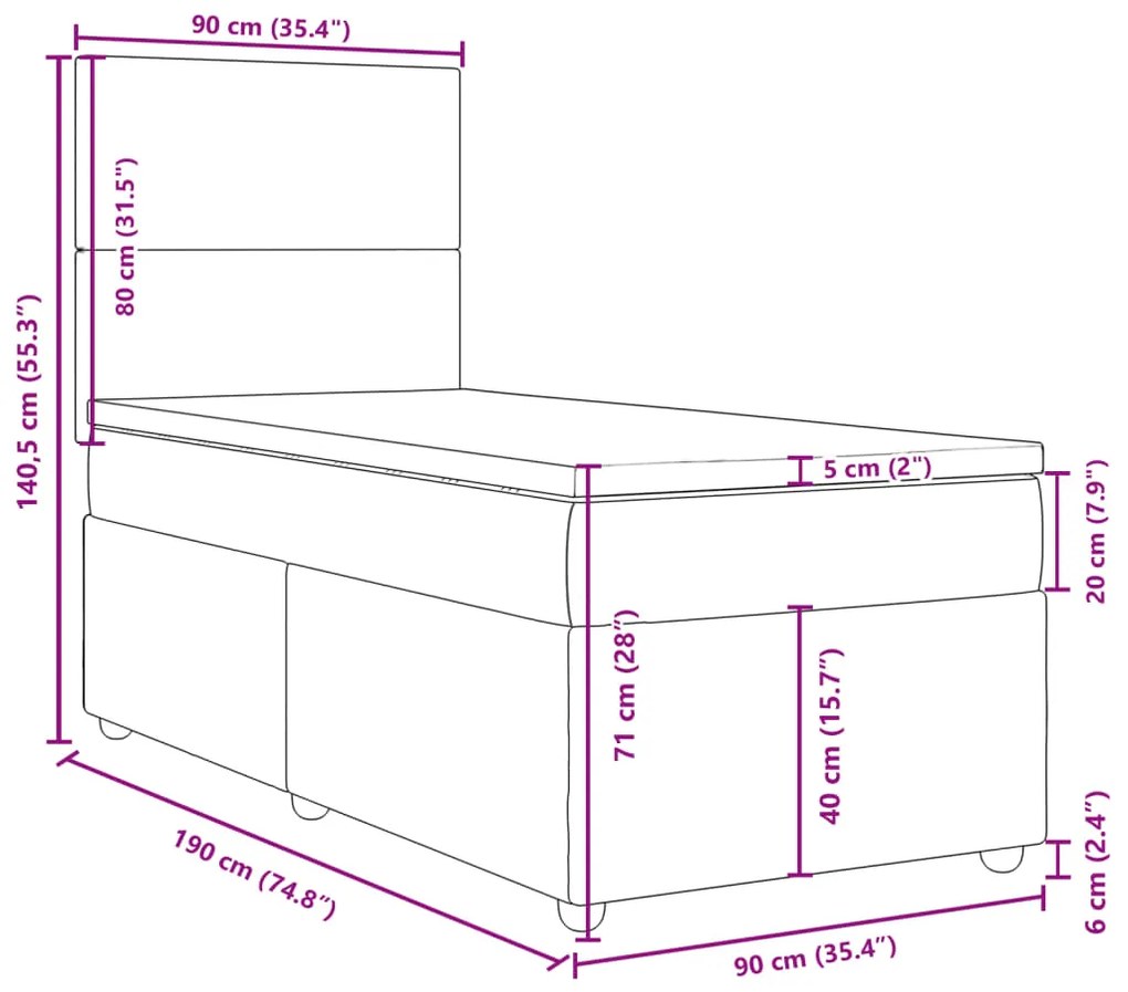 Κρεβάτι Boxspring με Στρώμα Μπλε 90x190 εκ.Υφασμάτινο - Μπλε