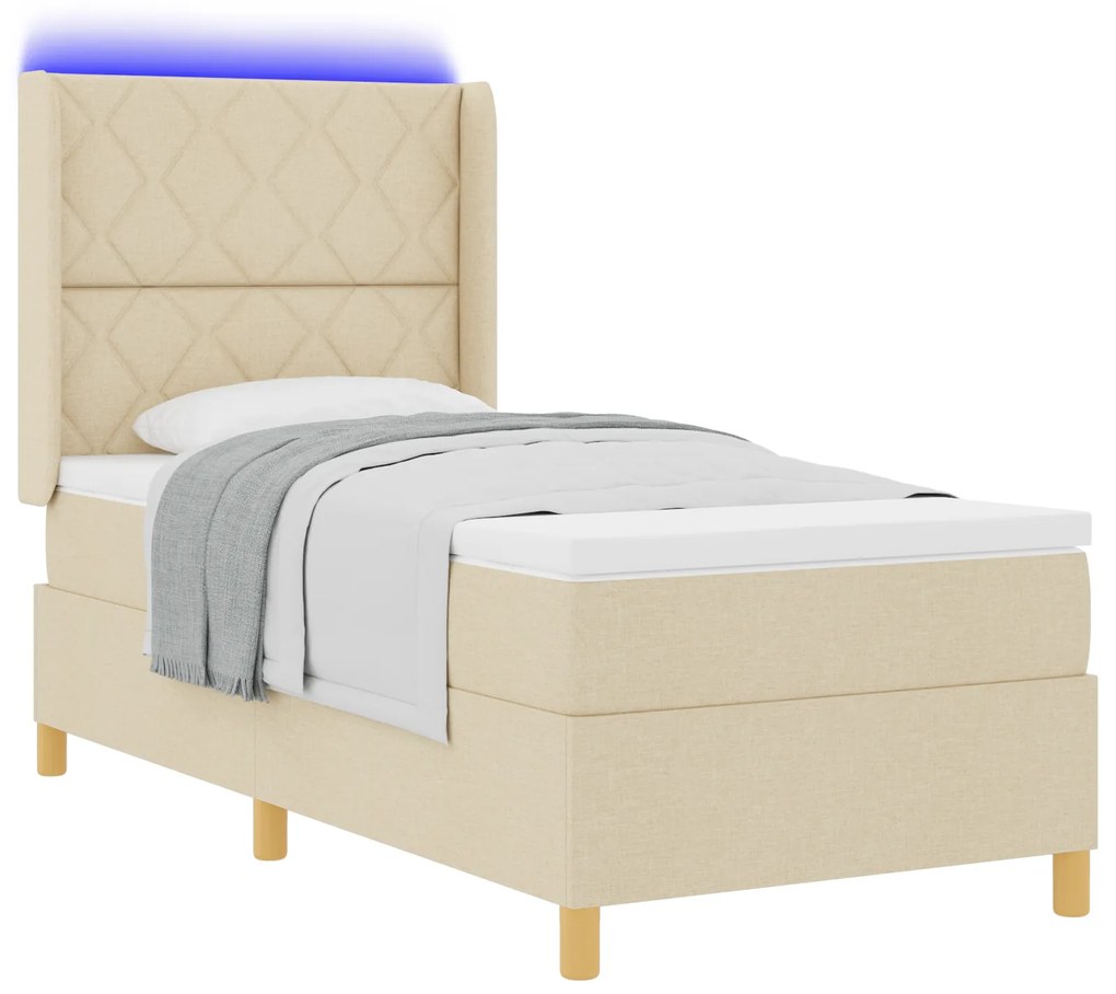 vidaXL Κρεβάτι με Στρώμα & LED Κρέμα 90x200 εκ. Ύφασμα