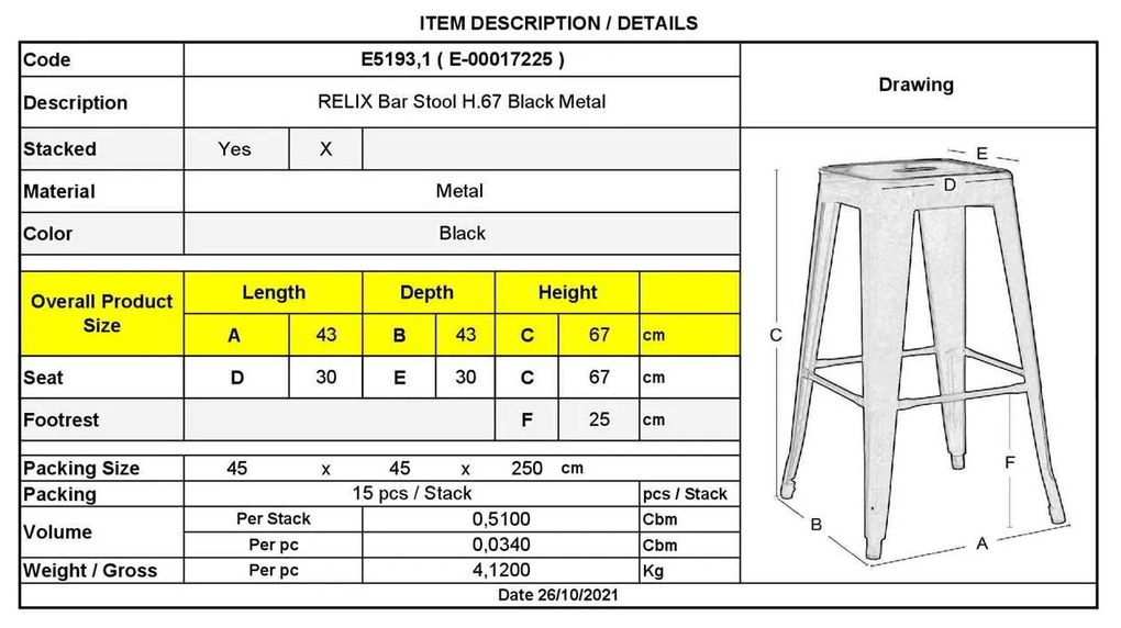 Σκαμπώ Relix Bar H.67 Μεταλλικό Μαύρο 43x43 H.67cm