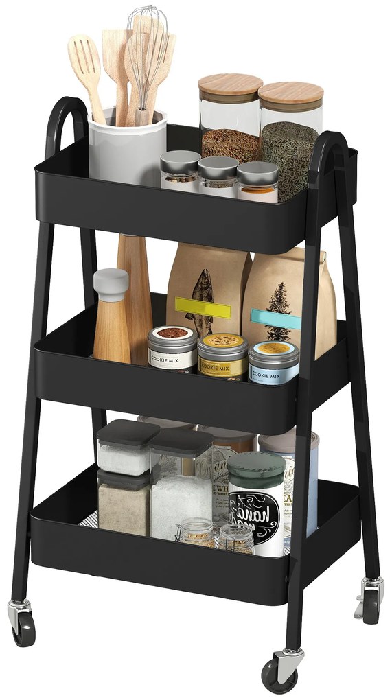 HOMCOM Τροχήλατο καρότσι σερβιρίσματος 3 επιπέδων, καρότσι κουζίνας με ροδάκια, λαβή, καρότσι με φρένο για κουζίνα, γραφείο, μπάνιο, μαύρο