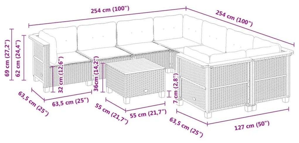 Σαλόνι Κήπου Σετ 9 Τεμαχίων Γκρι Συνθετικό Ρατάν με Μαξιλάρια - Γκρι