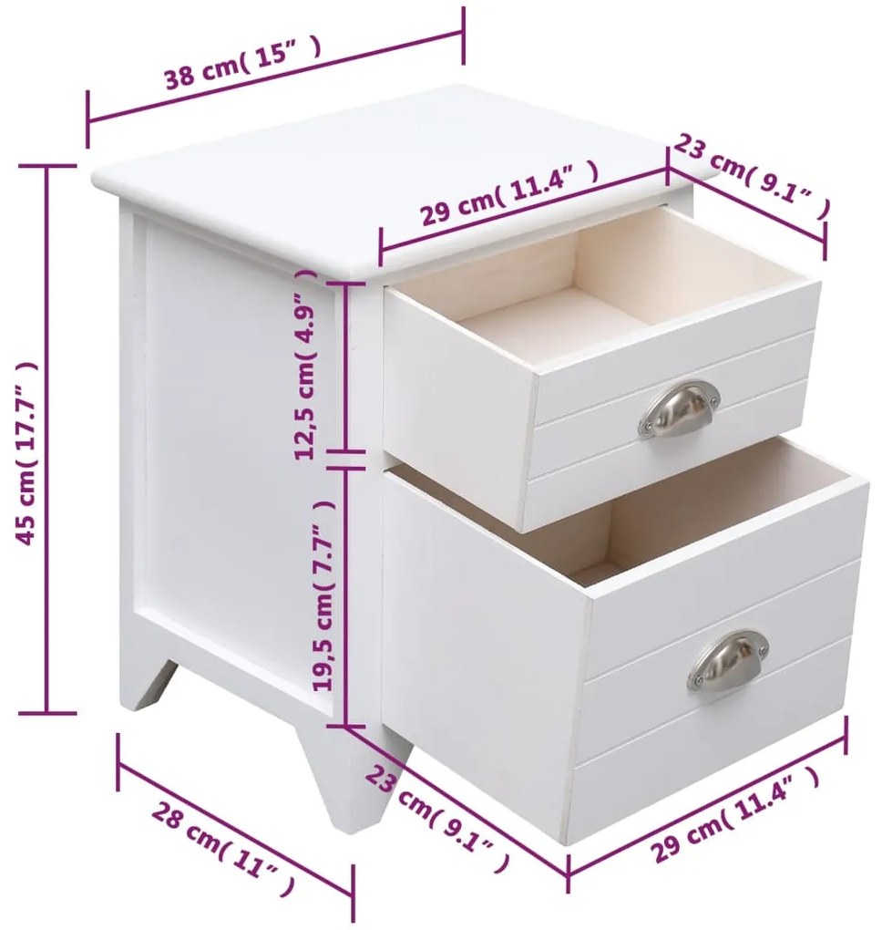 vidaXL Κομοδίνο Λευκό 38 x 28 x 45 εκ. από Ξύλο Παυλώνιας