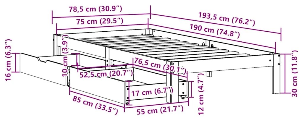 Πλαίσιο Κρεβατιού με Συρτάρια Κρεβ. Χωρίς 75x190 εκ. 3301932