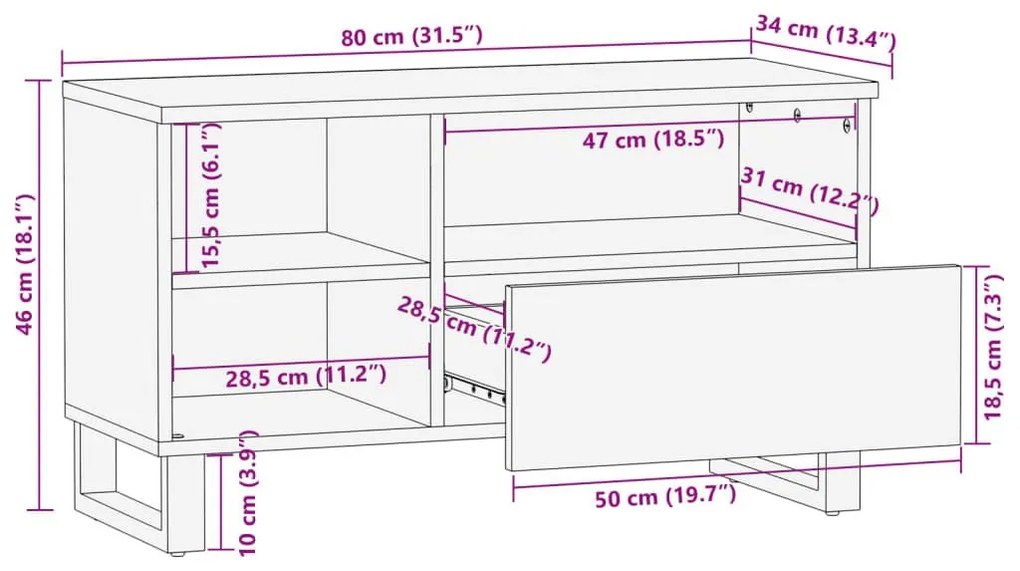 Έπιπλο Τηλεόρασης 80x34x46 εκ. Μασίφ Ακατέργ. Ξύλο Μάνγκο - Καφέ