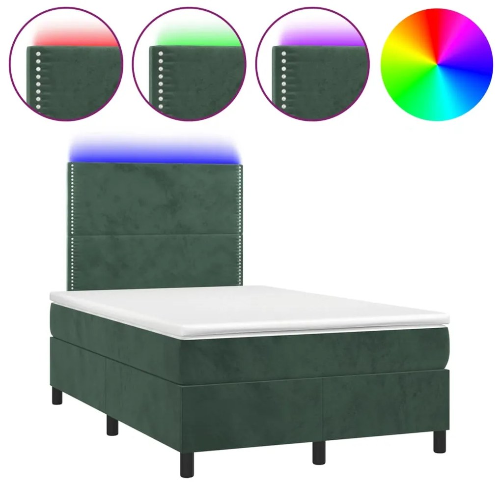 vidaXL Κρεβάτι Boxspring με Στρώμα &amp; LED Σκ. Πράσινο 120x190εκ Βελούδο