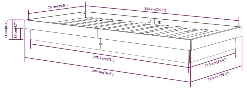 Πλαίσιο Κρεβατιού Λευκό 75x190 εκ. Μασίφ Ξύλο Small Single - Λευκό