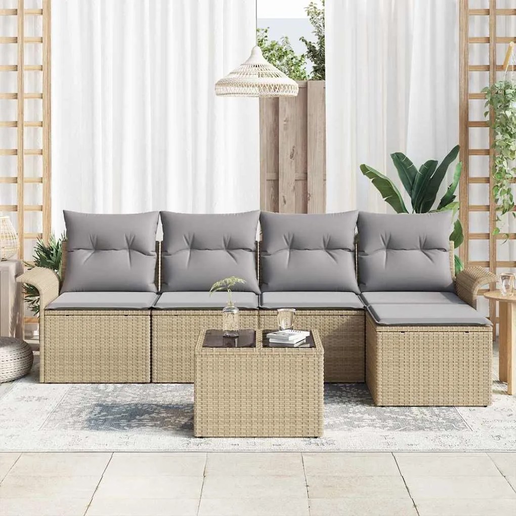 vidaXL Σετ Καναπέ Κήπου με μαξιλάρι 6 pcs Μπεζ Πολυ ράταν