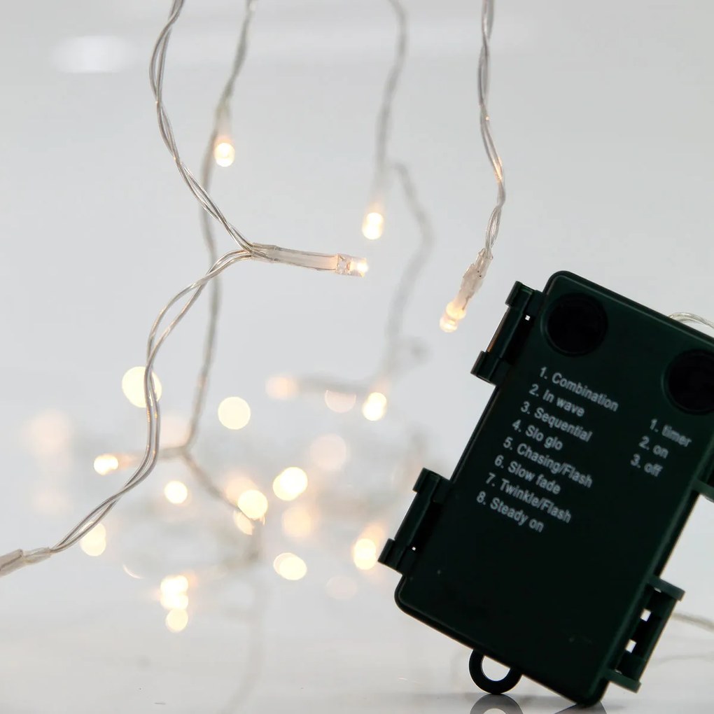 Χριστουγεννιάτικα Λαμπάκια 20 Led Σε Σειρά 2.4μ Θερμό Λευκό Με 8 Προγράμματα &amp; Μπαταρία Eurolamp 600-11158