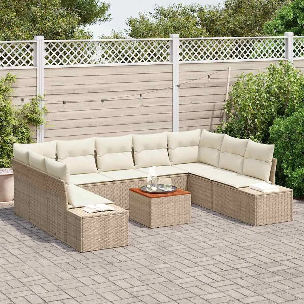 vidaXL Σετ Καναπέ Κήπου με μαξιλάρι 10 pcs Μπεζ Πολυ ράταν