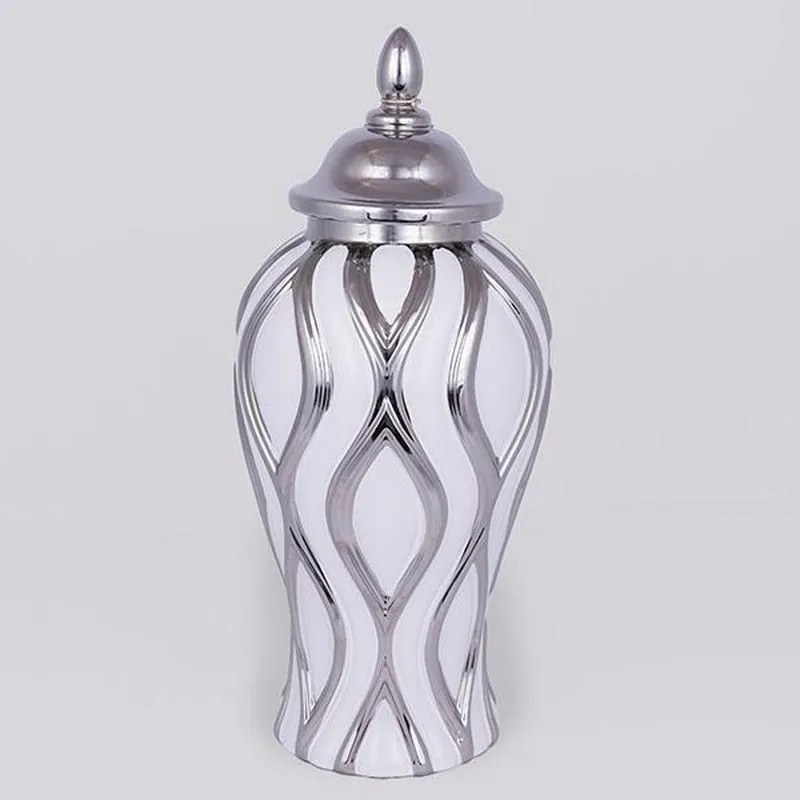Βάζο Κεραμικό Με Καπάκι 752-20346 18.8x18.8x42.6cm White-Gold Estheti Home Κεραμικό