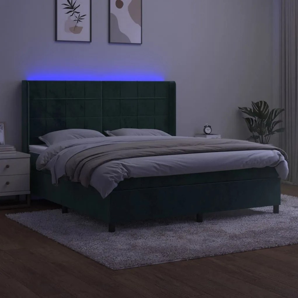 Κρεβάτι Boxspring με Στρώμα &amp; LED Σκ. Πράσινο 160x200εκ Βελούδο - Πράσινο