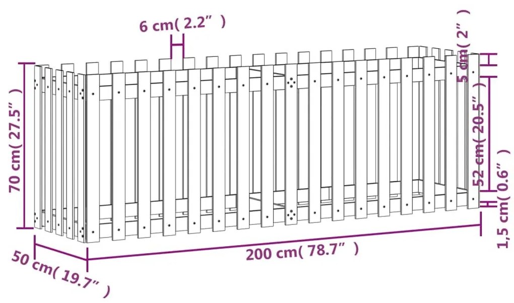 Ζαρντινιέρα με Σχέδιο Φράχτη Λευκή 200x50x70 εκ. Μασίφ Πεύκο - Λευκό