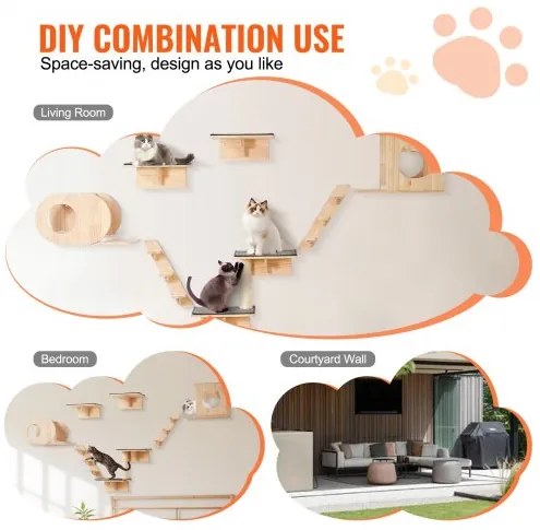 VEVOR Wall Mounted Cat Shelves Tree with Jumping Boards Nests Hammock Set of 7