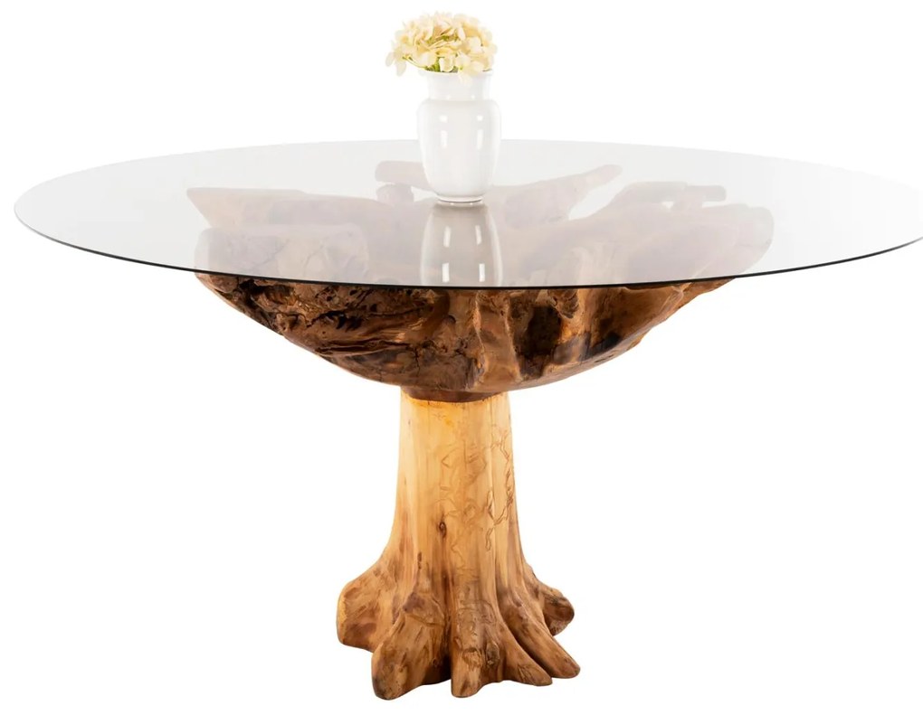 DINING TABLE ROOTS  TEAK ROOT WOOD-TEMPERED GLASS TOP 150x150X80Hcm.