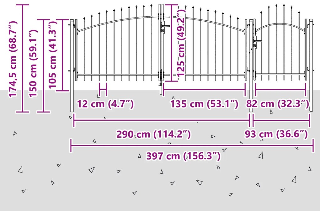 vidaXL Πύλη Κήπου με Αιχμές Γκρι 125x400 εκ Χάλυβας