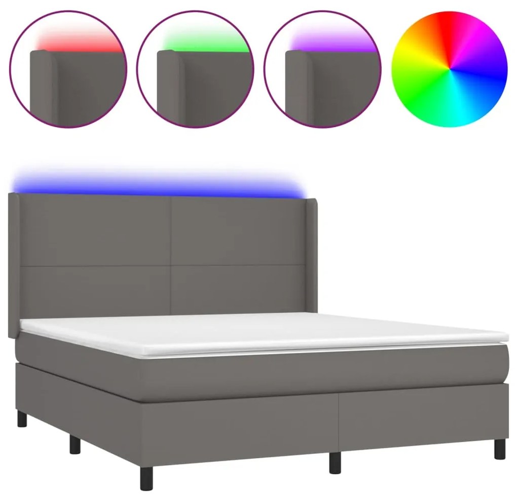 Κρεβάτι Boxspring με Στρώμα &amp; LED Γκρι 160x200 εκ. Συνθ. Δέρμα - Γκρι