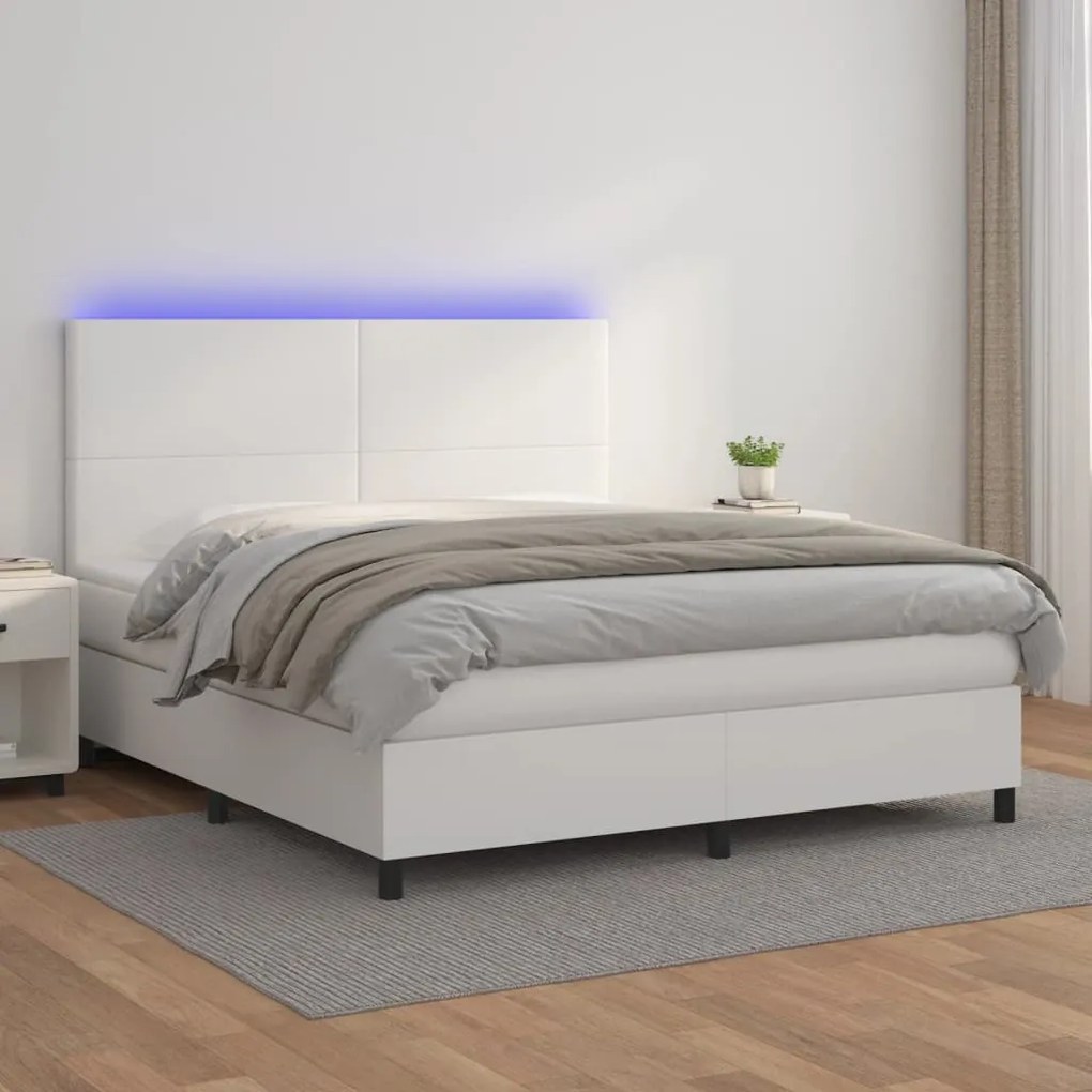 vidaXL Κρεβάτι Boxspring με Στρώμα & LED Λευκό 180x200 εκ. Συνθ. Δέρμα