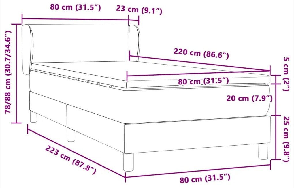 Κρεβάτι Boxspring με Στρώμα Μαύρο 80x220 εκ. Βελούδινο - Μαύρο