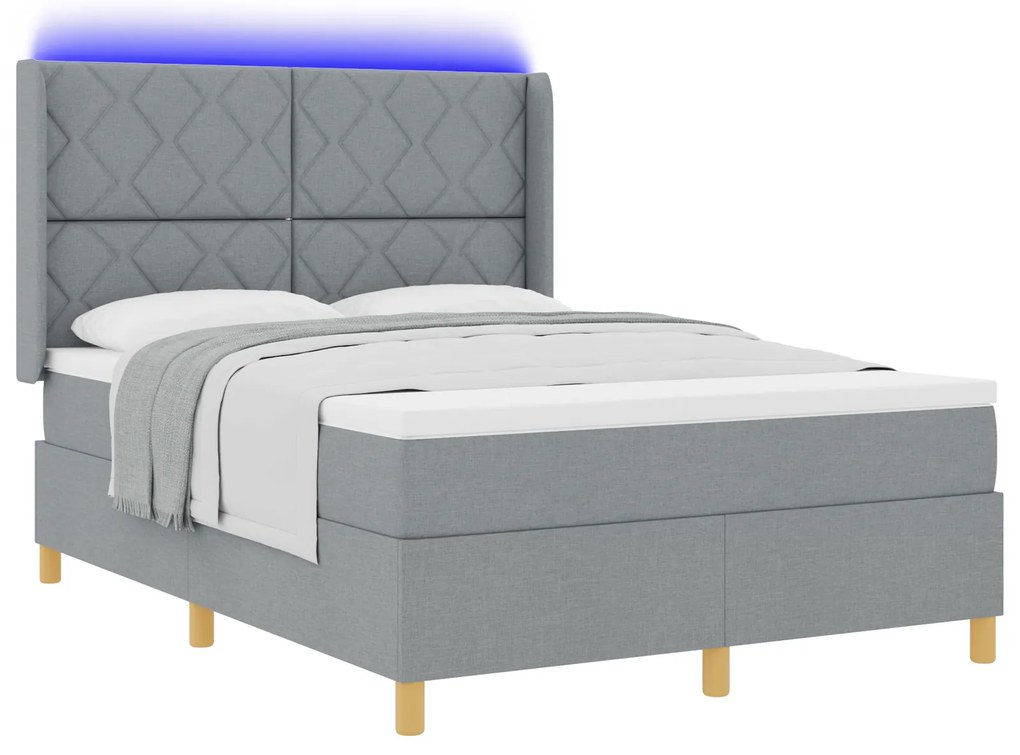 vidaXL Κρεβάτι Box Spring με Στρώμα & LED Φως Γκρι 140x200 εκ. Ύφασμα