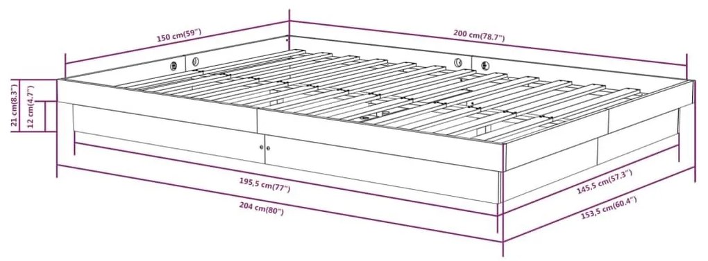 Πλαίσιο Κρεβατιού Γκρι 150 x 200 εκ. Μασίφ Ξύλο King Size - Γκρι