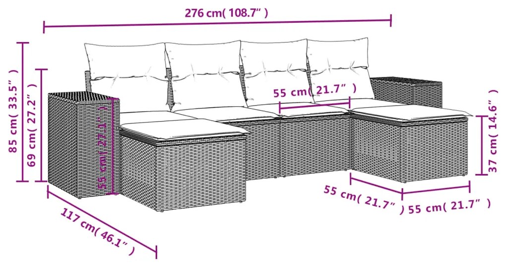 vidaXL Σαλόνι Κήπου Σετ 6 Τεμαχίων Γκρι Συνθετικό Ρατάν με Μαξιλάρια