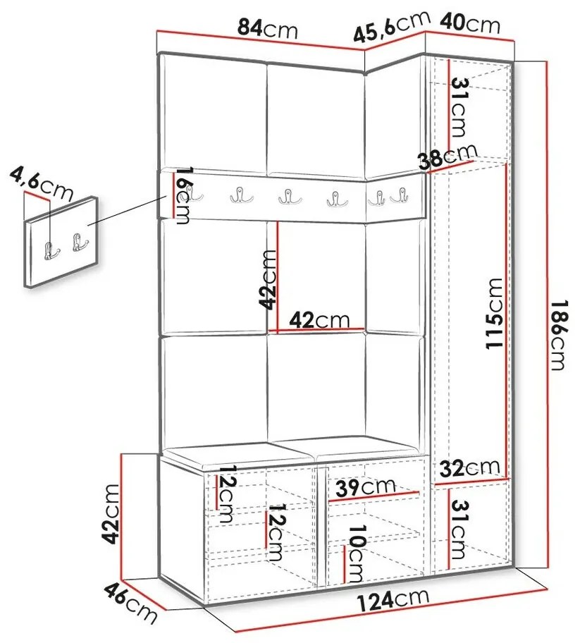 Σετ διαδρόμου Hartford 277, 186x124x46cm, 66 kg, Καθρέφτης, Γραφίτης, Κόκκινο, Ταπισερί, Πλαστικοποιημένη μοριοσανίδα, Τοίχου, Εντοιχισμένη