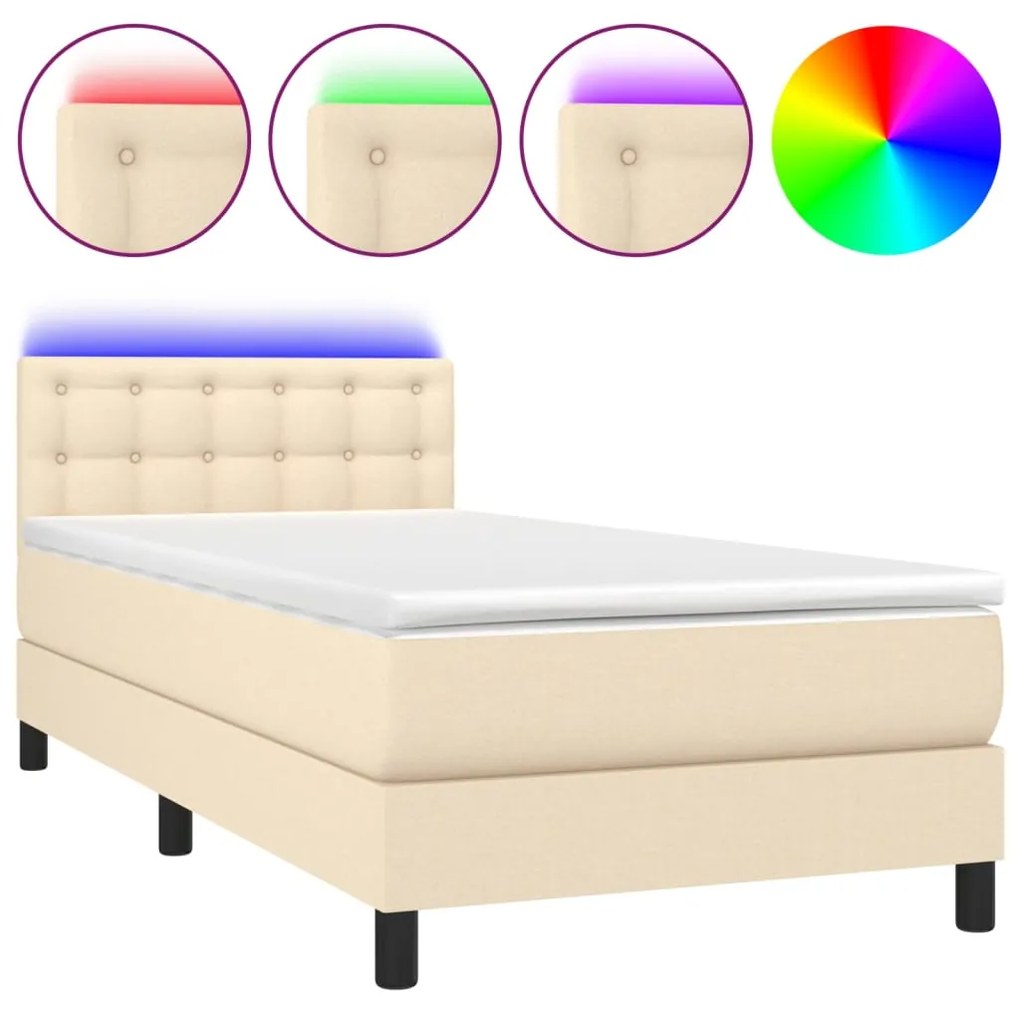 Κρεβάτι Boxspring με Στρώμα &amp; LED Κρεμ 100x200 εκ. Υφασμάτινο - Κρεμ