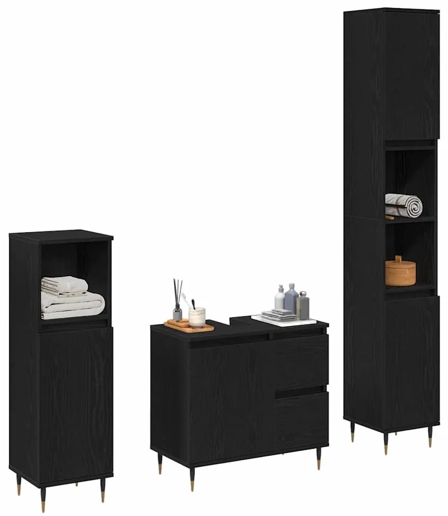 vidaXL Σετ Επίπλων Μπάνιου με πόρτα 3 pcs Μαύρη Οξυά 30 x 30 x 190 εκ