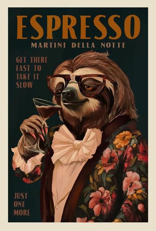 Εικονογράφηση Art Deco Espresso Martini Drinking Sloth, The Whiskey Ginger