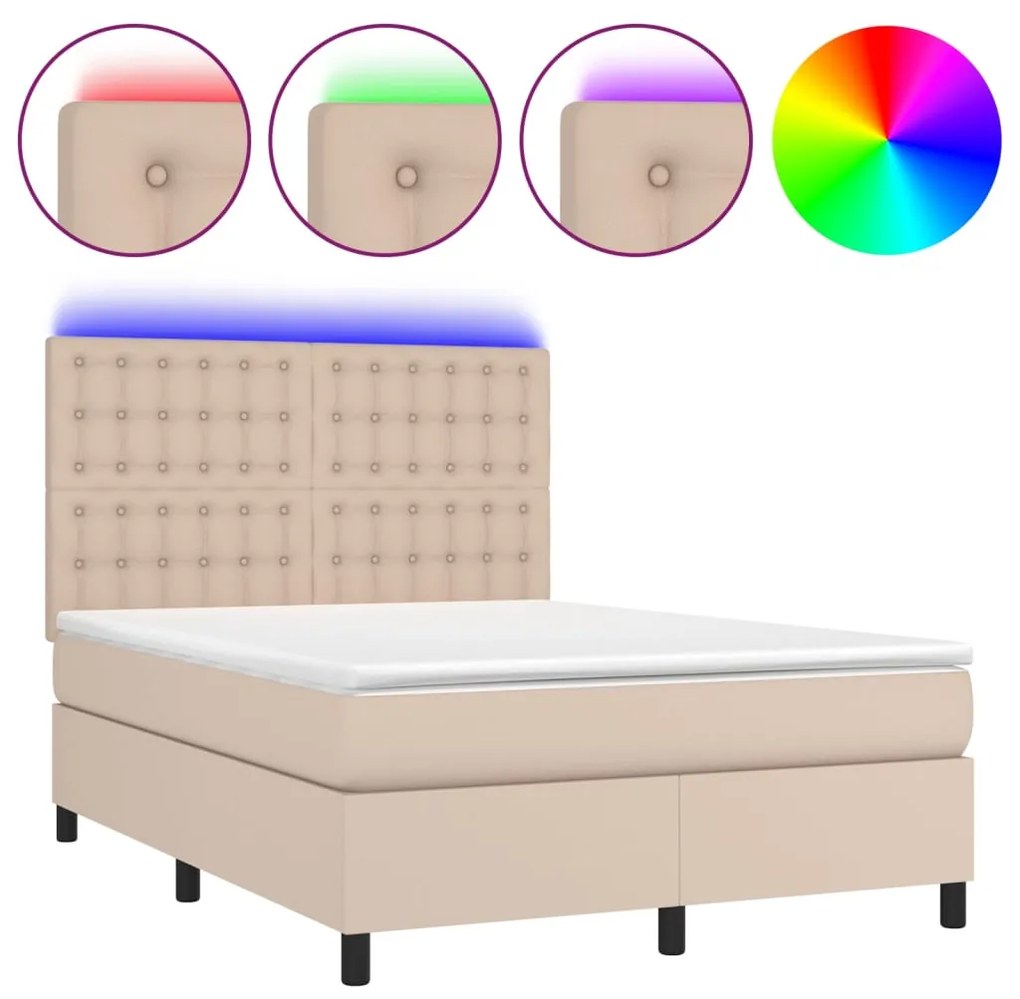 Κρεβάτι Boxspring Στρώμα&amp;LED Καπουτσίνο 140x190 εκ. Συνθ. Δέρμα - Καφέ