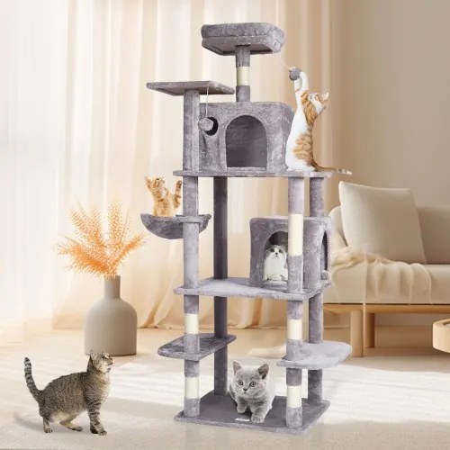VEVOR Cat Tree 68.5&quot; Cat Tower with Cat Condos Sisal Scratching Post Light Grey