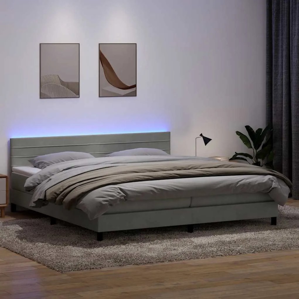 vidaXL Κρεβάτι Boxspring με Στρώμα &amp; LED Ανοιχτό Γκρι 180x210 εκ. Βελούδινο