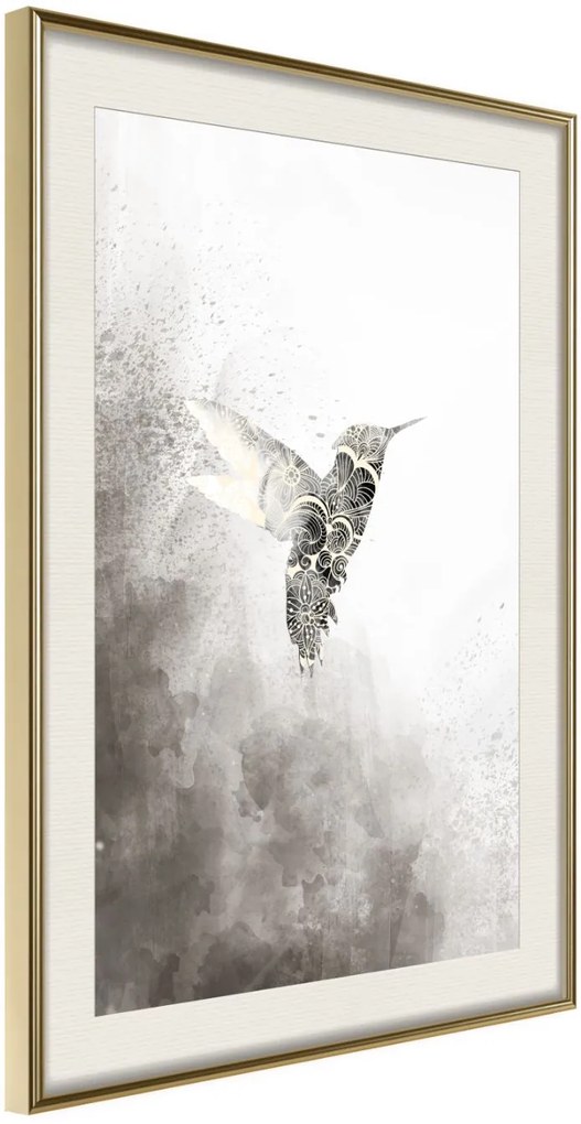 Αφίσα - Hummingbird in Shades of Grey - 20x30 - Χρυσό - Με πασπαρτού