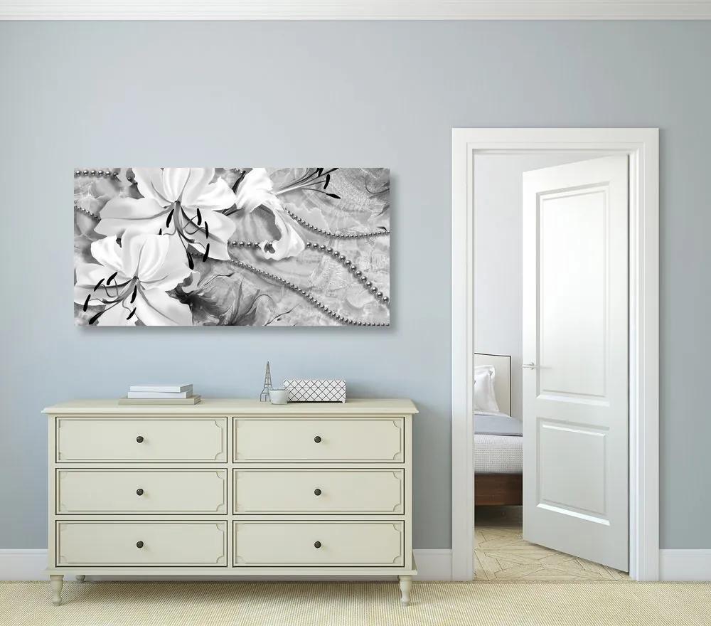 Εικόνα ασπρόμαυρο κρίνο με πέρλες - 100x50
