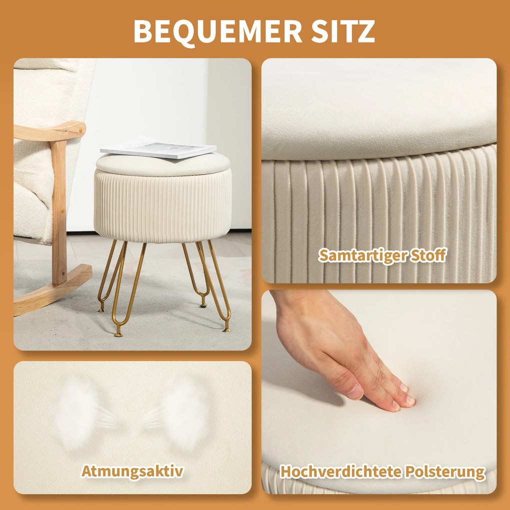 HOMCOM Σκαμπό Αποθήκευσης 2-σε-1 με Μεταλλικά Πόδια, Στρογγυλό Υποπόδιο για Σαλόνι, Υπνοδωμάτιο, Διάδρομο, Κρεμ Λευκό