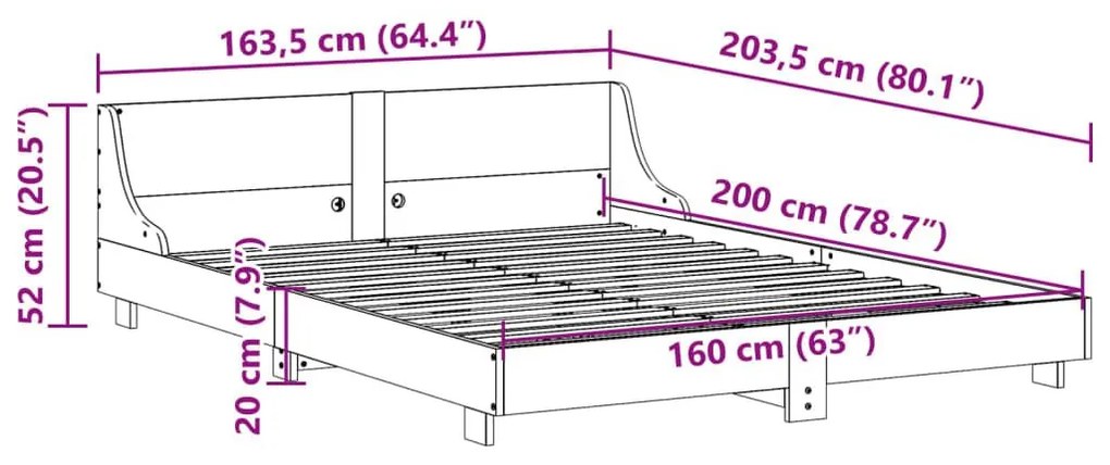 Σκελετός Κρεβατιού Χωρίς Στρώμα 160x200 εκ Μασίφ Ξύλο Πεύκου - Καφέ