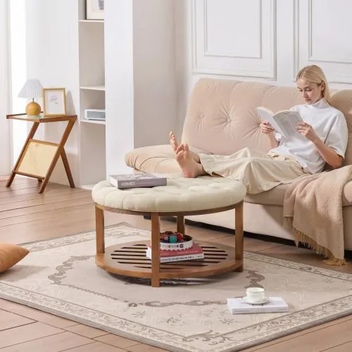 VEVOE Large Round Ottoman Coffee Table, 81 cm Tufted Coffee Table with Solid Wood Shelf Storage, Linen Solid Upholstered Footrest Ottoman for Bedroom Living Room, 350 LBS, Linen Color